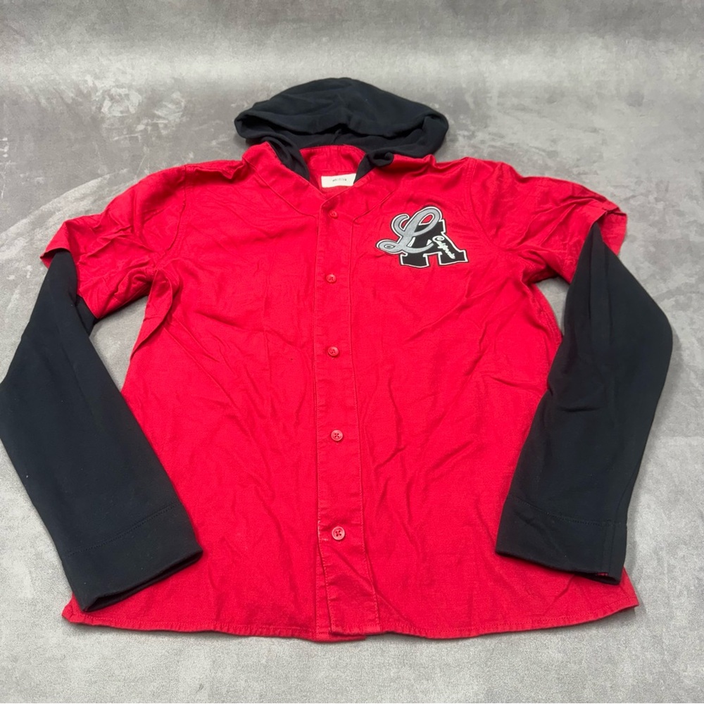 HOLLISTER hooded t shirt jersey Red  black Button-Up long sleeve sweat men’s M